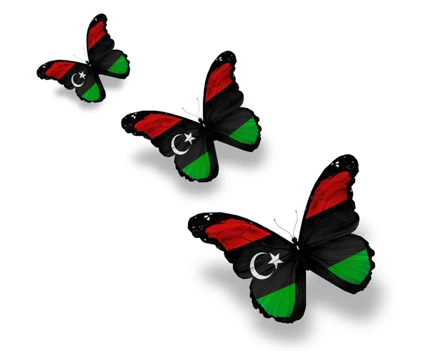 Tre farfalle bandiera libica, isolate su bianco — Foto Stock