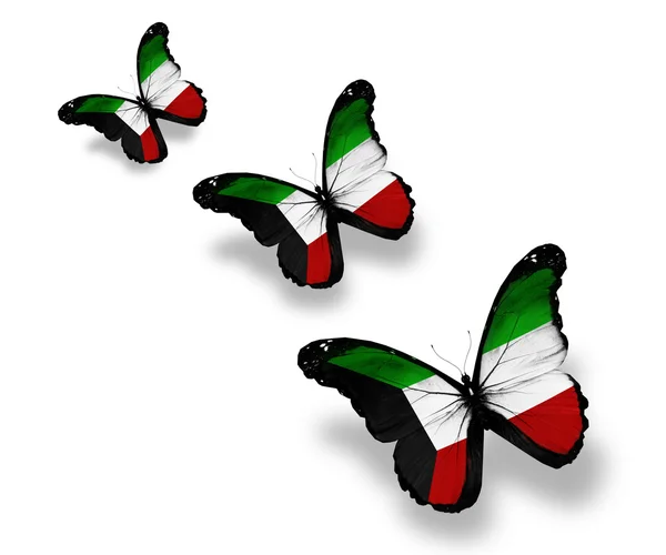 Tre farfalle bandiera kuwaitiana, isolate su bianco — Foto Stock