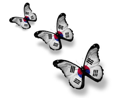 beyaz izole üç Kore bayrağı kelebekler