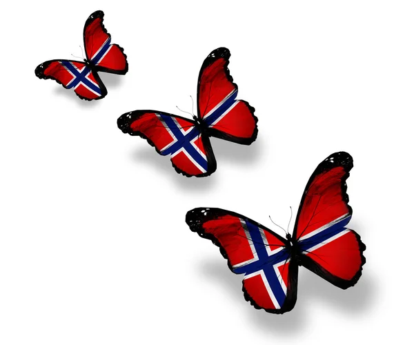Trzy motyle norweski flaga, na białym tle — Zdjęcie stockowe