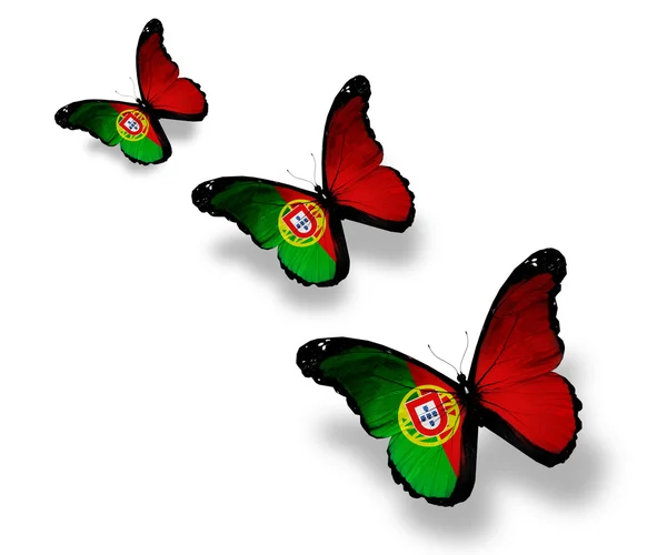 Tre farfalle bandiera portoghese, isolate su bianco — Foto Stock