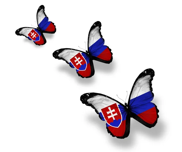 Tre farfalle bandiera slovacca, isolate su bianco — Foto Stock