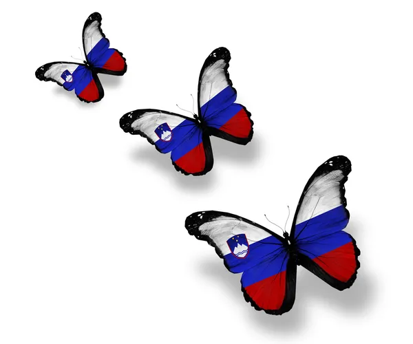 Tre farfalle bandiera slovena, isolate su bianco — Foto Stock