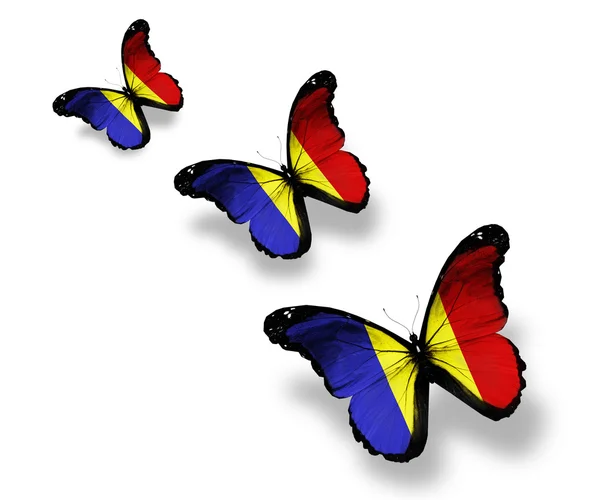 Três borboletas da bandeira romena, isoladas em branco — Fotografia de Stock