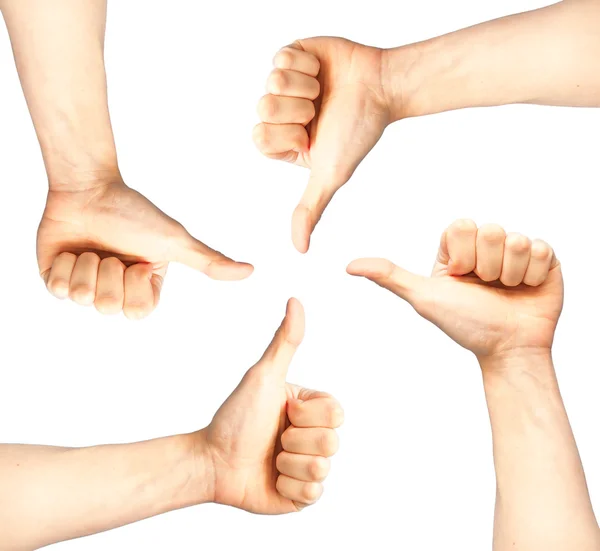 Satz von vier Händen mit erhobenem Daumen isoliert auf weiß — Stockfoto