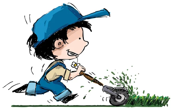 Usměvavý chlapec stříhání trávníku — Stockový vektor