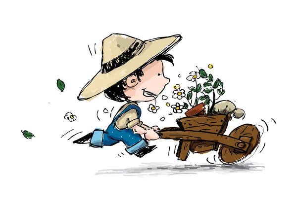 Lachende jongen tuinman — Stockvector