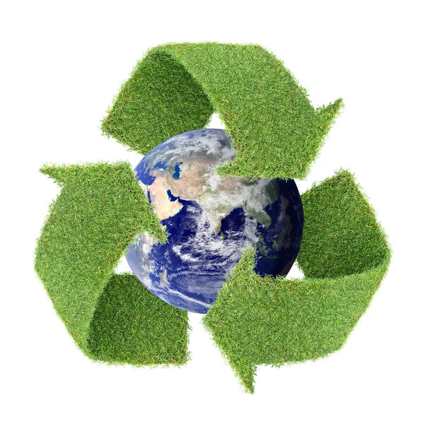 Real grass recycle symbol with globe — Stock Photo, Image