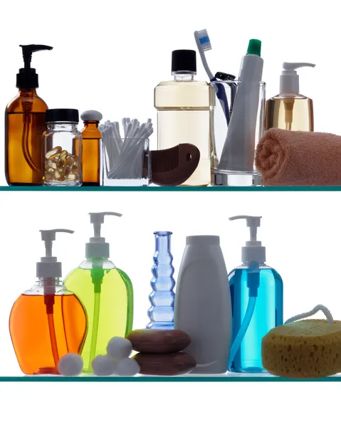 Bathroom products on shelves — Stock Photo, Image