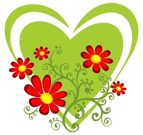 Zelené srdce s červenými květy — Stock fotografie