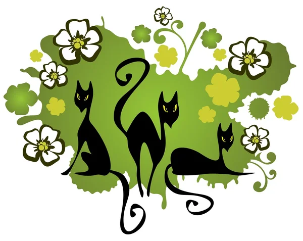 Trzy koty i kwiaty — Wektor stockowy
