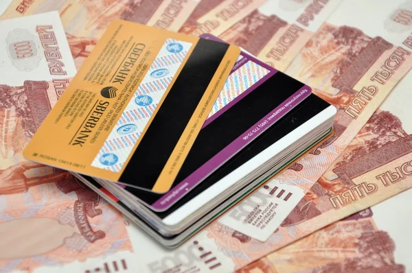 Plastic cards on money — Stock Photo, Image