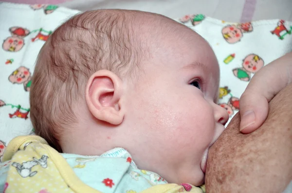 Il bambino di tre mesi succhia un petto di madre — Foto Stock