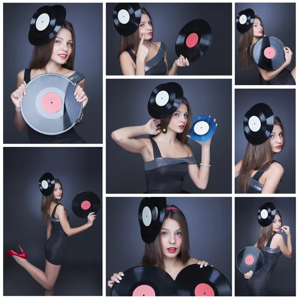 Collage de chica con discos de vinilo — Foto de Stock
