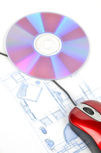 Blueprint och dator mus med dvd — Stockfoto