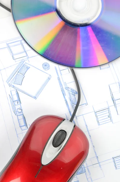 Blueprint and computer mouse with DVD — Stock Photo, Image