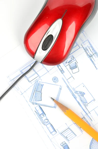 Blueprint and computer mouse — Stock Photo, Image
