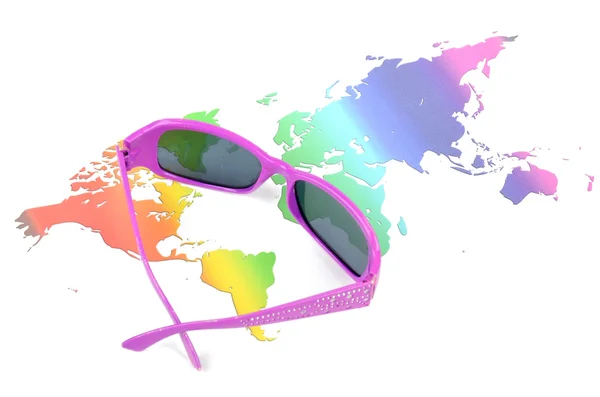Zonnebrillen en kaart van de wereld — Stockfoto