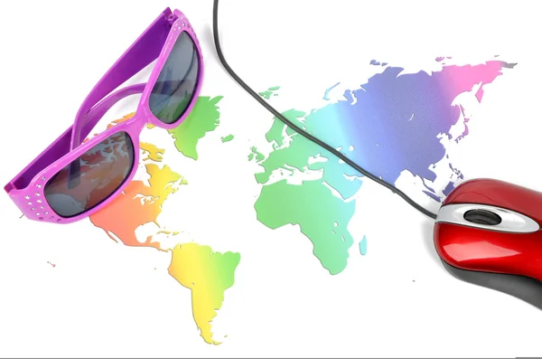 Sunglasses and world map with mouse — Stock Photo, Image