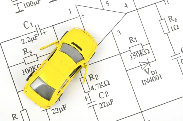 Circuit diagram and toy car — Stock Photo, Image