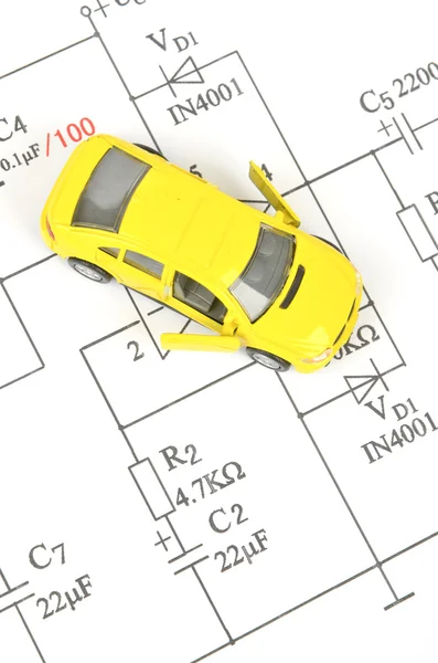 Circuit diagram and toy car — Stock Photo, Image