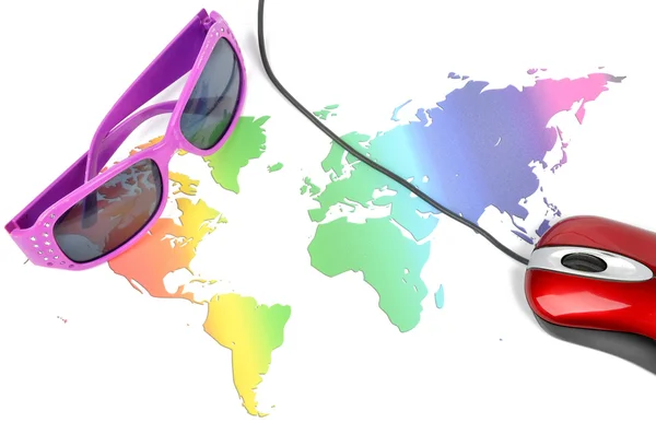 Sunglasses and world map with mouse — Stock Photo, Image