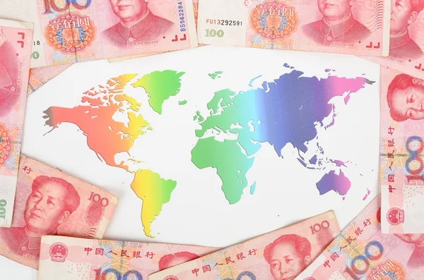 Chinese currency and world map