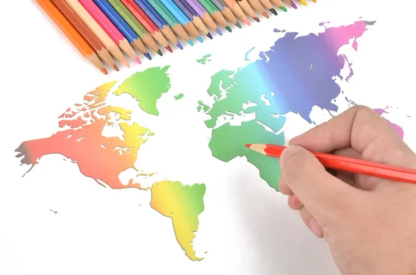 색 색연필과 세계지도 — 스톡 사진