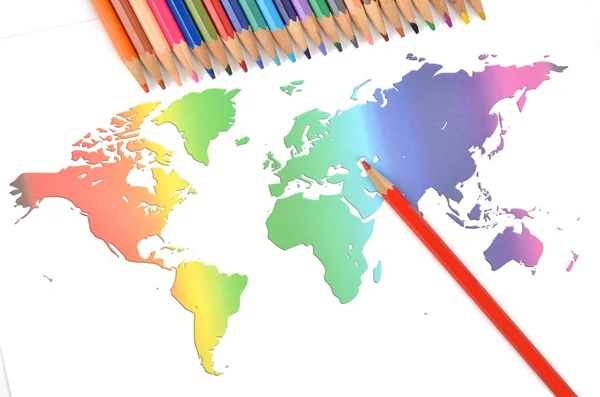 Color pencils and world map — Stock Photo, Image
