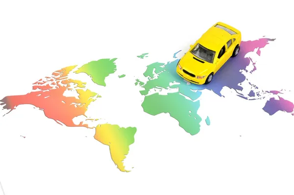 Іграшковий автомобіль і карта світу — стокове фото