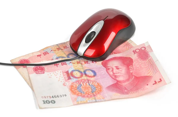 Ποντίκι του υπολογιστή και του κινεζικού νομίσματος — Φωτογραφία Αρχείου