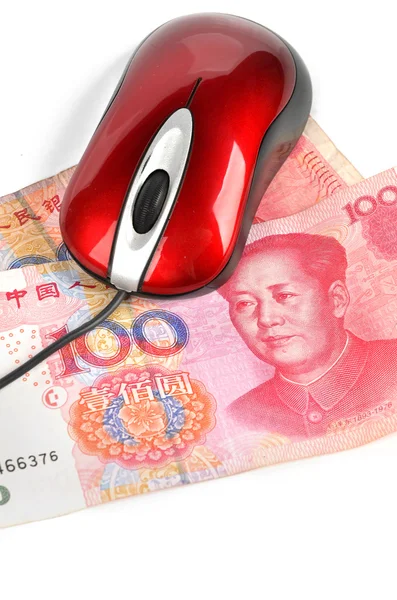 Ποντίκι του υπολογιστή και του κινεζικού νομίσματος — Φωτογραφία Αρχείου