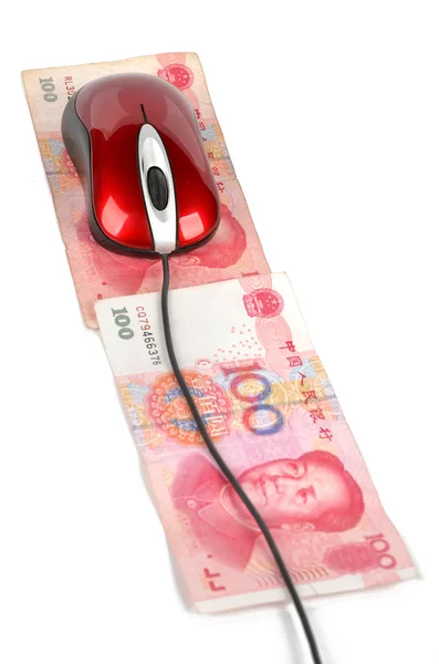 Mouse de computador e moeda chinesa — Fotografia de Stock