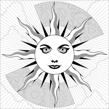 Celestial sun in black and white clipart