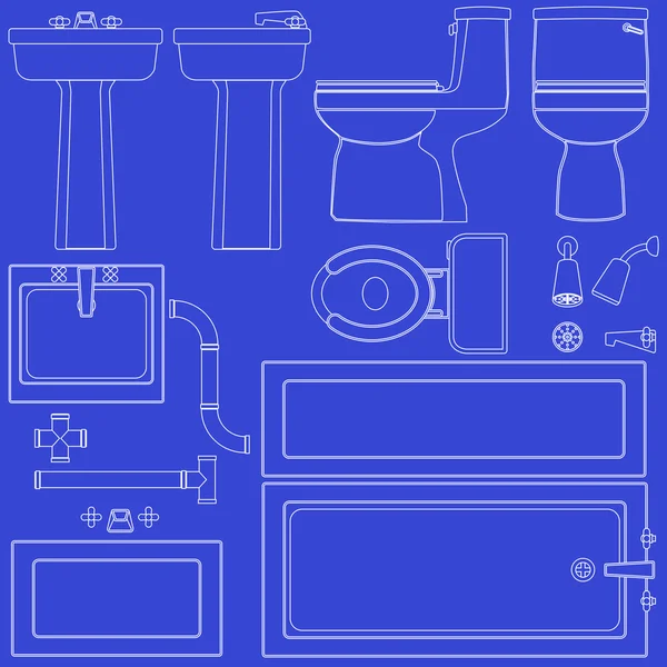 Blue print bathroom fixtures — Stock Vector