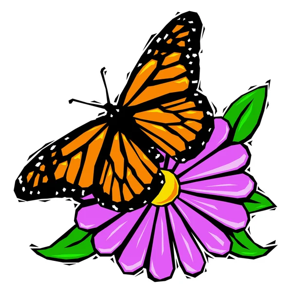 Holzschnitt-Schmetterling auf Blume — Stockvektor
