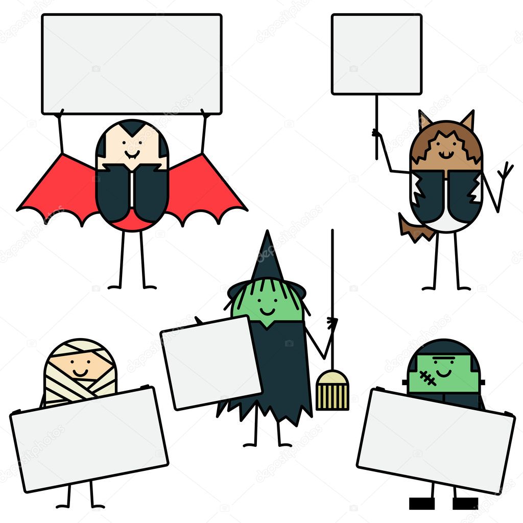 Halloween characters with signs