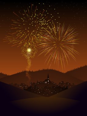 Fireworks over a village clipart