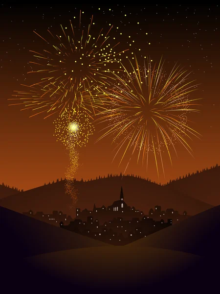 Fireworks içinde bir köy — Stok Vektör