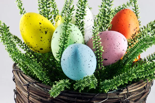 Dyed easter eggs in wicker pot — Stock Photo, Image