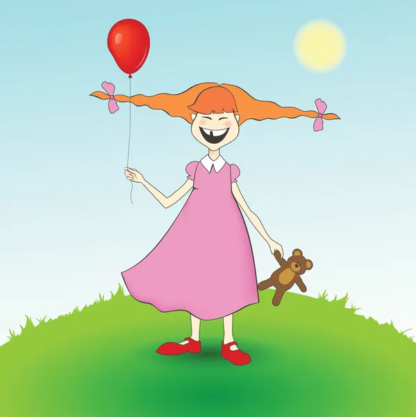 Ευτυχισμένος κορίτσι με τα κόκκινα μπαλόνια και αρκουδάκια — Διανυσματικό Αρχείο