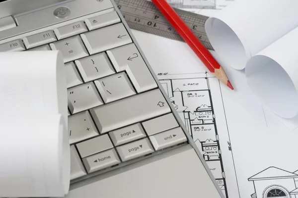 Blue print and laptop — Stock Photo, Image