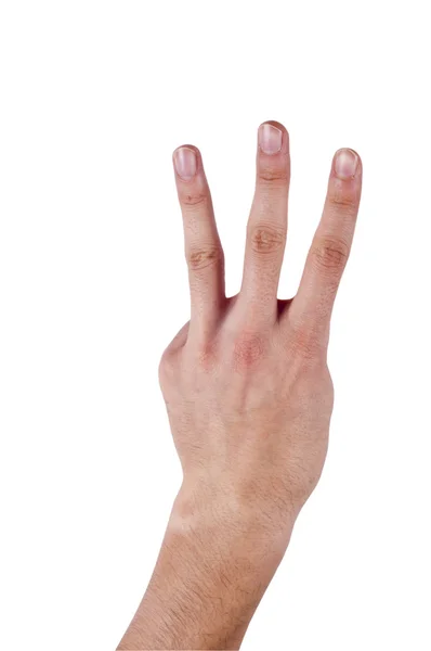 Ανθρώπινο χέρι κάνει ένα νούμερο τρία σε απομονωμένες φόντο — Φωτογραφία Αρχείου