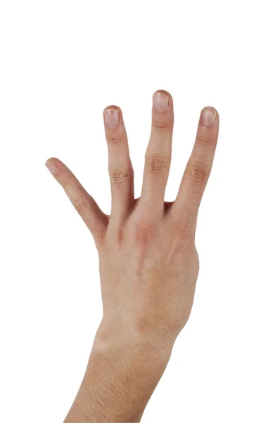 Mão humana fazer um número quatro em fundo isolado — Fotografia de Stock