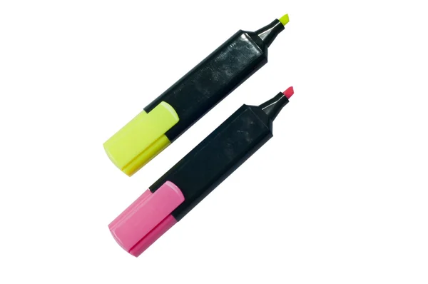 Ручка Highlighter в двох кольорах жовтий і фіолетовий — стокове фото