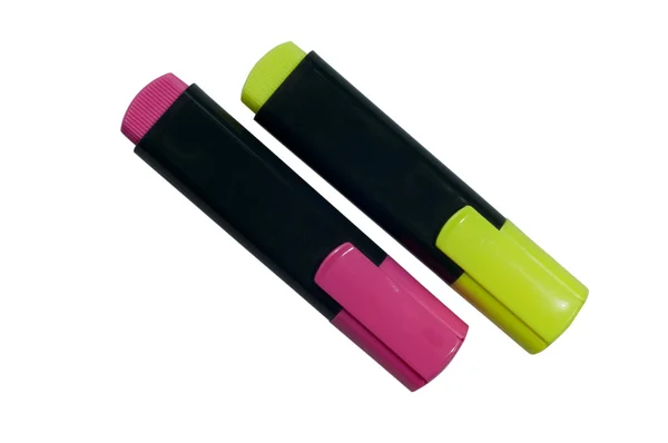 Highlighter pen in two colors yellow and purple — Stock Photo, Image