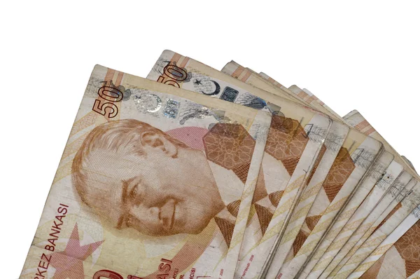 Турецька банкнот, що знаходяться на ізольованих білим тлом — стокове фото