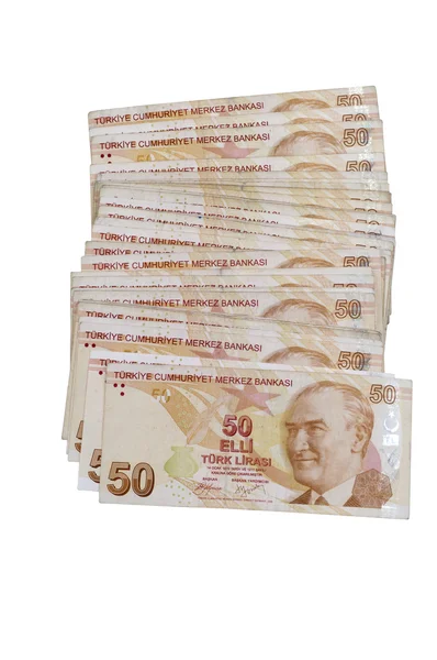 土耳其纸币上的孤立的白色背景 — 图库照片