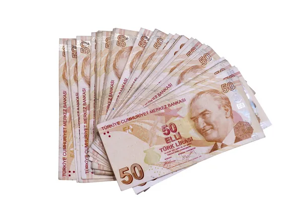 Türkische Banknoten auf dem isolierten weißen Hintergrund — Stockfoto