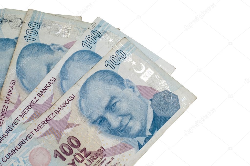 Turkish banknotes on the isolated white backgrounds